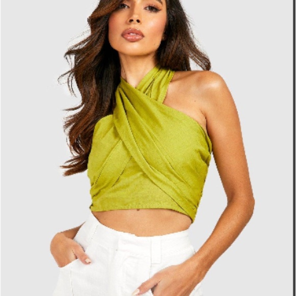 Boohoo Halter Cross Tie Back Linen Crop Top